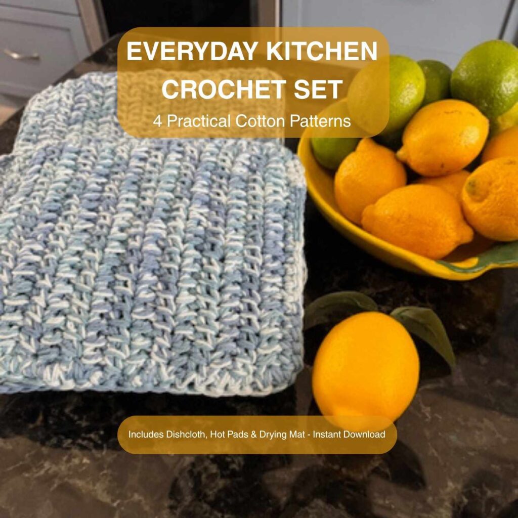 Everyday Kitchen Crochet Set bundle — four practical cotton crochet patterns including dishcloth, hot pads, and drying mat