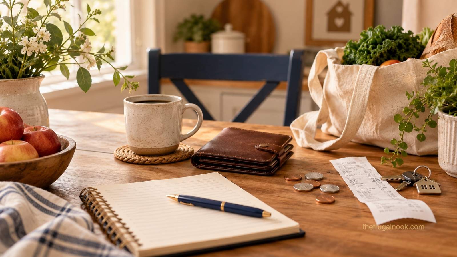 Cozy kitchen table with a notebook, coffee, wallet, coins, a receipt, and a reusable grocery tote, representing tracking spending with a frugal mindset