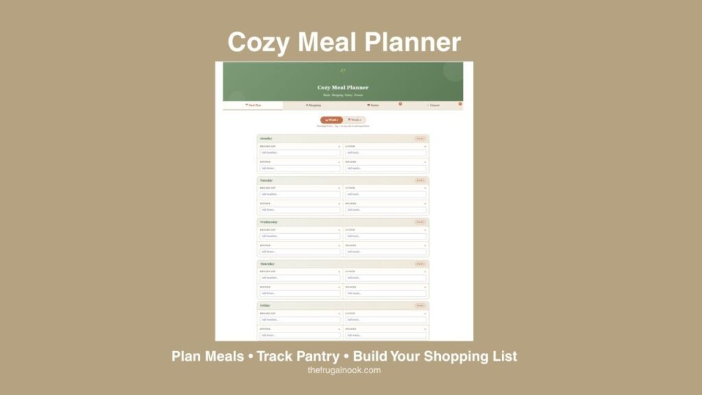 image of the screen for the cozy meal planner