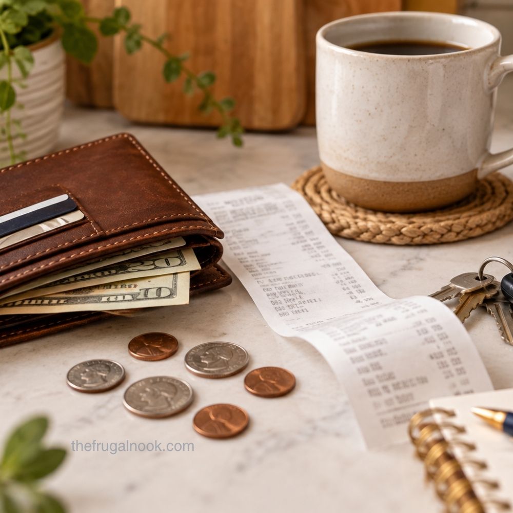 Wallet, cash, coins, and a receipt on a table next to a cup of coffee, representing tracking monthly spending with a frugal mindset