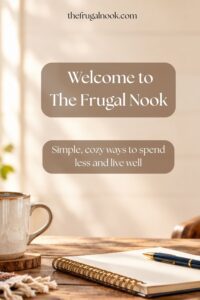 Vertical pin with the text "Welcome to The Frugal Nook" on a soft, cozy background