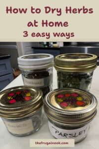 Glass mason jars of dried herbs with handwritten labels, with the title How to Dry Herbs at Home